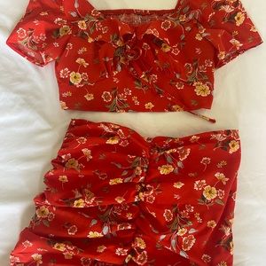 SOLD M 2 Piece Red crop top and skirt  flower set